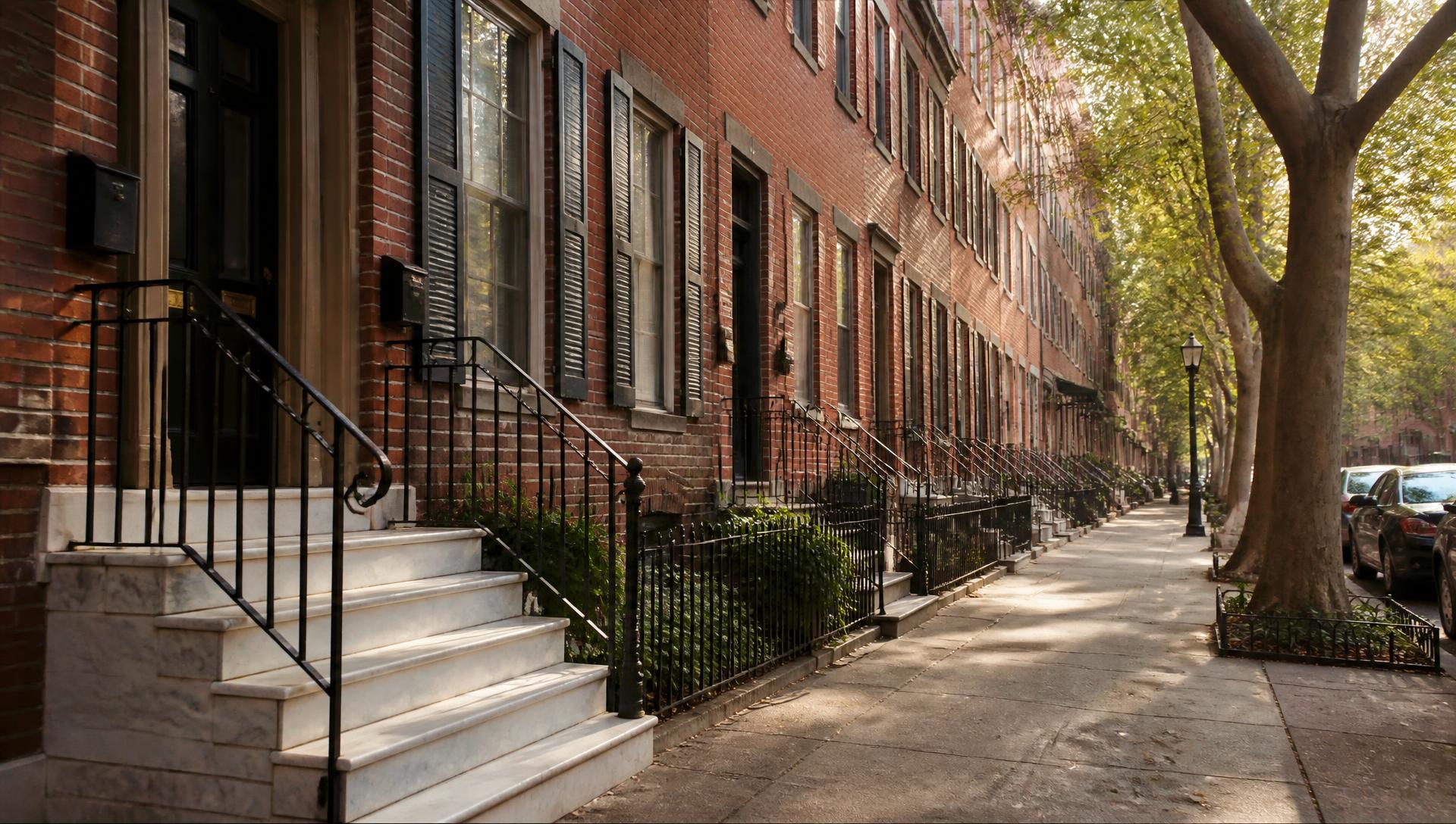 A block of brick rowhomes with marble steps on a tree-lined Philadelphia street in morning light